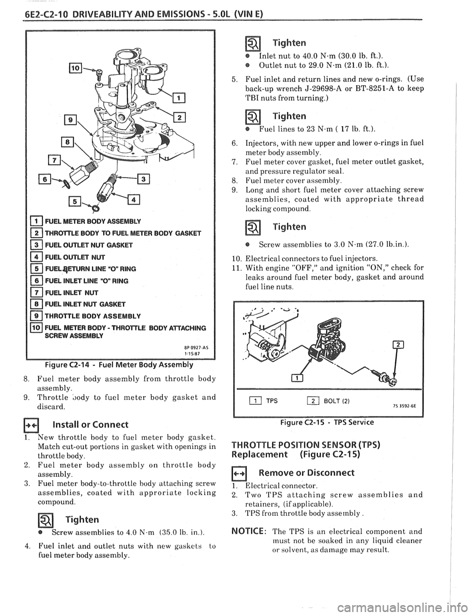 PONTIAC FIERO 1988  Service Repair Manual 
6E2-CZ-10 DRlVEABlLlTV AND EMISSIONS - 5.OL (WIN E) 
FUEL METER BODY ASSEMBLY 
THROTTLE  BODY  TO FUEL METER  BODY  GASKET 
- 13 FUEL OUTLET  NUT CASKET 
1 FUEL  OUTLET  NUT - 1 FUEL$ETURN LlNE "Ow R