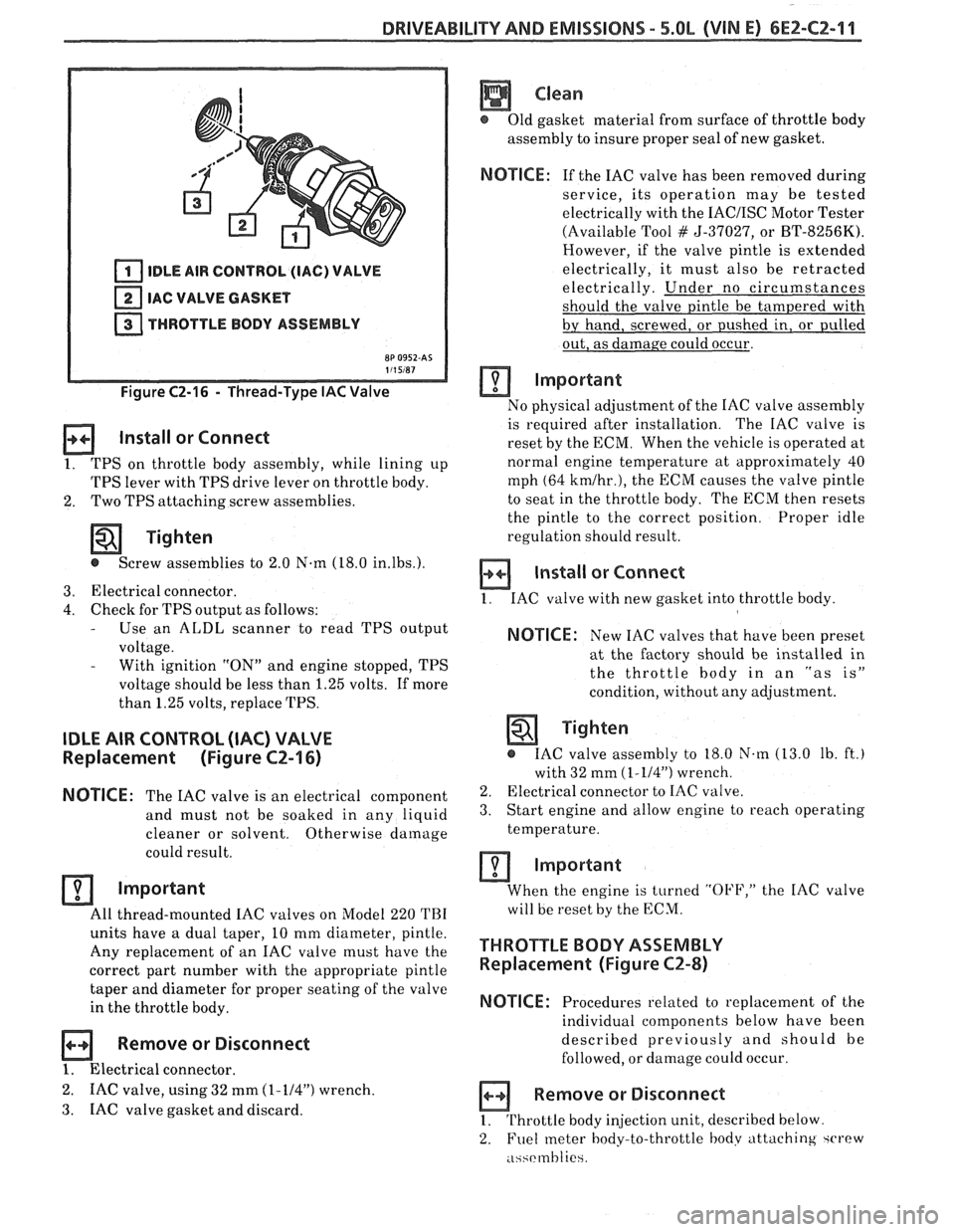 PONTIAC FIERO 1988  Service Repair Manual 
DRIVEABILITY AND EMISSIONS - 5.0L (VIN E) 6EZ-CZ-11 
IDLE AIR CONTROL (IAC) VALVE 
IAC  VALVE  GASKET 
THROTTLE  BODY ASSEMBLY 
Figure C2-16 - Thread-Type IAC Valve 
Install  or Connect 
1. TPS  on  