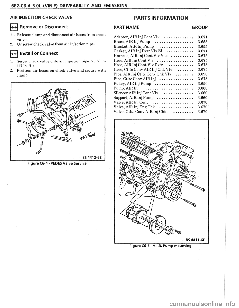 PONTIAC FIERO 1988  Service Repair Manual 
6E2-C6-4 5.QL (VIN E) DRIVEABILITY AND EMISSIONS 
AIR INJECTION CHECK VALVE 
Remove or Disconnect 
1 . Release  clamp and disconnect  air hoses from check 
valve 
. 
2 . Unscrew  check valve from air