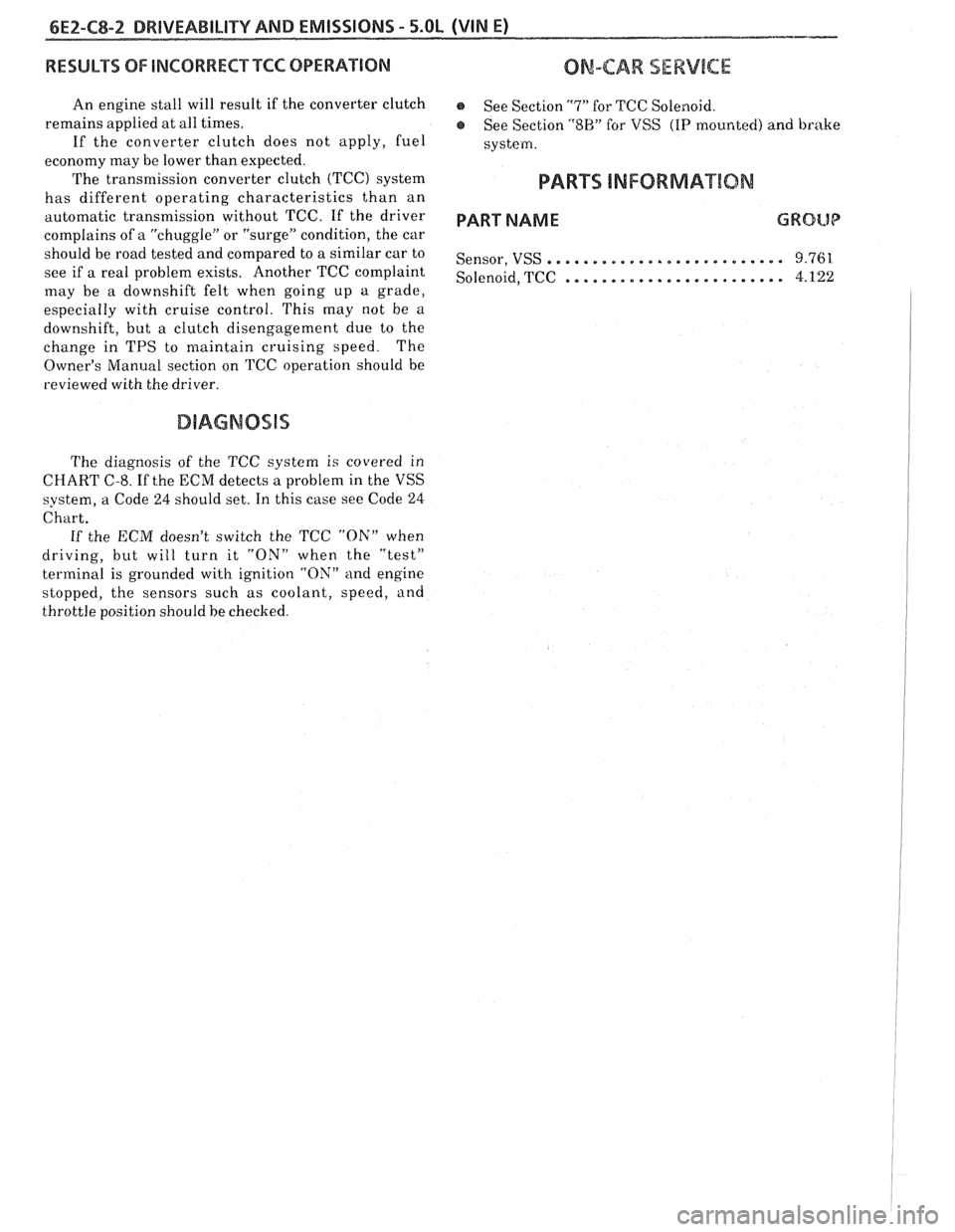 PONTIAC FIERO 1988  Service Repair Manual 
6Ef-C8-2 BRlVEABlLlYV AND EMISSIONS - 5.OL (VIN E) ---- 
RESULTS OF INCORRECTTCC OPERATION 
An engine  stall will result  if the  converter  clutch 
remains  applied at all  times. 
If  the  converte