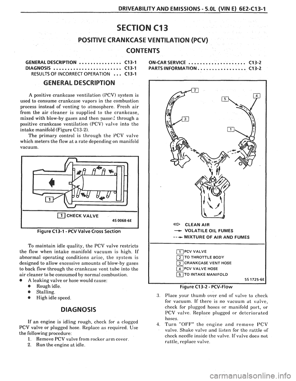 PONTIAC FIERO 1988  Service Repair Manual 
DRIVEABILITY AND EMISSIONS - 5.OL (VIN E) 6E2-CI 3-1 -- 
SECTION C13 
POSI"BVE CRANKCASE  VENTILATION (PCV) 
CONTENTS 
GENERAL DESCRIPTION ............*.. C13-1 ON-CARSERVICE .................... C13