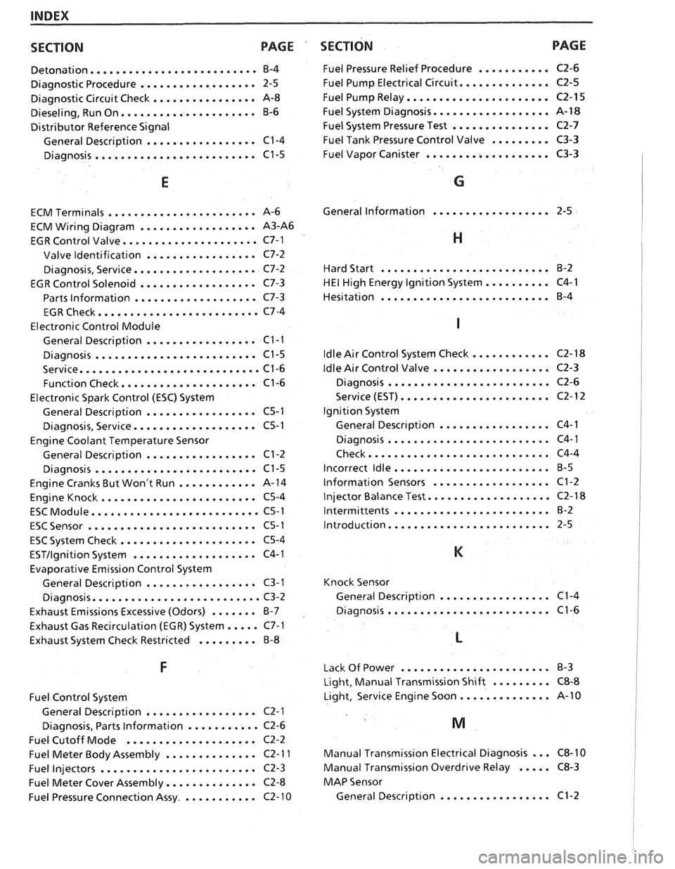 PONTIAC FIERO 1988  Service Repair Manual 
INDEX 
SECTION  PACE 
....................... Detonation...  B-4 
.................. Diagnostic Procedure  2-5 
................ Diagnostic Circuit Check  A-8 
..................... Dieseling. Run On