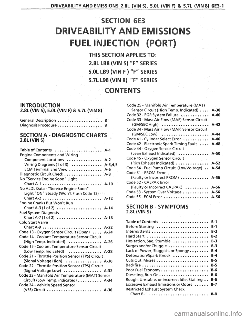PONTIAC FIERO 1988  Service Repair Manual 
DRIVEABILITY AND EMISSIONS 2.8L (VIN 5). 5.OL (VIN F) & 5.7L (VIN 8) 6E3-1 
SECTION 6E3 
TY AND EM 
THIS SEC"T0N APPLIES TO: 
2.8L LB8 (VlN S) "F" SERIES 
5.OL LB9 (VIN F ) "F" SERIES 
5.7L L98 (VIN