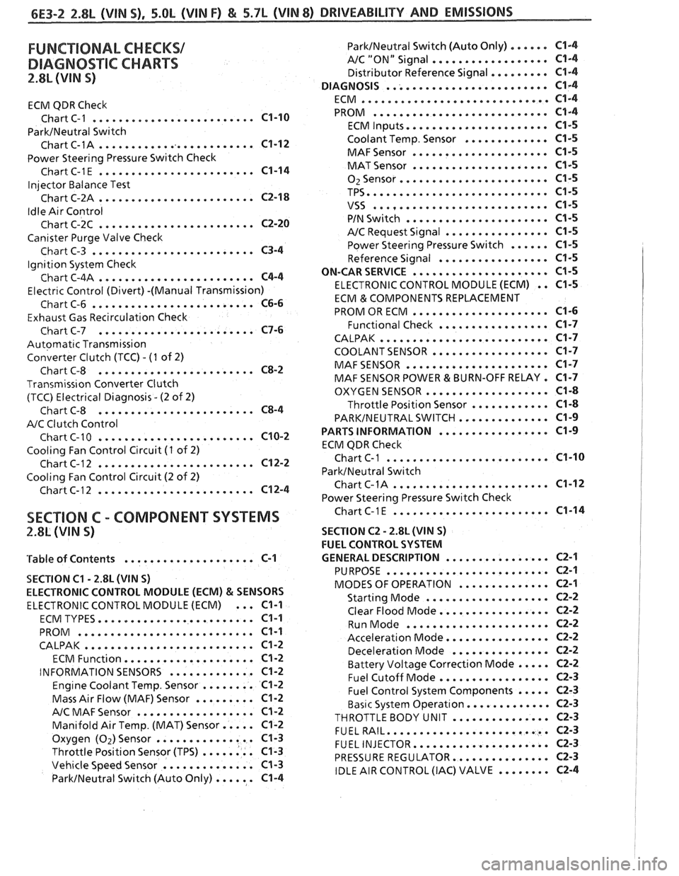 PONTIAC FIERO 1988  Service Repair Manual 
FUNCTIONAL CHECKS/ 
DIAGNOSTIC CHARTS 
2.8L (VIN S) 
ECM QDR Check 
......................... Chart C-1 C1-10 
ParkINeutral Switch 
......................... Chart C-1A C1-12 
Power Steering  Pressur