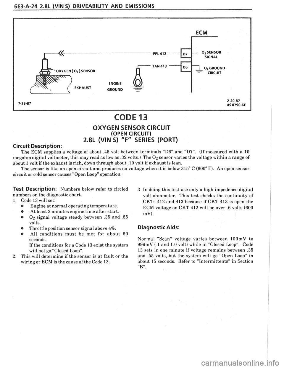 PONTIAC FIERO 1988  Service Repair Manual 
6E3-A-24 2.8L (WIN 5) DRIVEABILITY AND EMISSIONS 
OXYGEN ( 02) SENSOR 
- 
CODE 13 
OXYGEN SENSOR CIRCUIT 
(OPEN CIRCUIT) 
2.8L (VIN S) ""FXSERlES (PORT) 
Circuit  Description: 
The ECM  supplies  a v