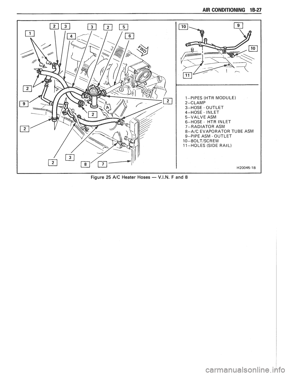 PONTIAC FIERO 1988  Service Repair Manual 
1-PIPES (HTR MODULE) 
2-CLAMP  
3-HOSE 
- OUTLET 
4-HOSE 
- INLET 
5-VALVE  ASM 
6-HOSE 
- HTR  INLET 
7-RADIATOR  ASM 
8-A/C EVAPORATOR  TUBE  ASM 
9-PIPE  ASM 
- OUTLET 
10-BOLTISCREW  
11-HOLES  (