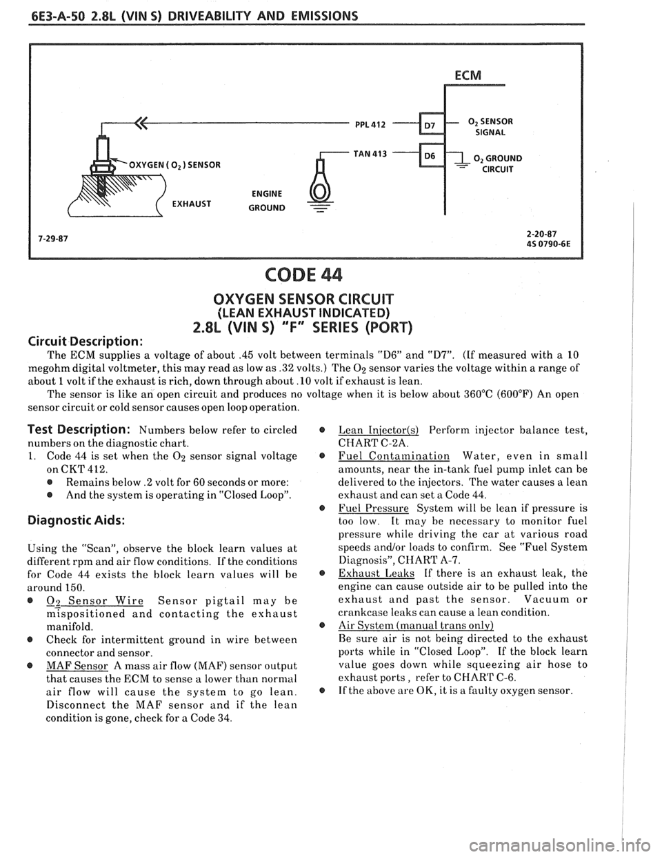 PONTIAC FIERO 1988  Service Repair Manual 
6E3-A-50 2.8L (VIN S) DRIVEABILITY  AND EMISSIONS 
OXYGEN (02) SENSOR 
- 
CODE 44 
OXYGEN  SENSOR CIRCUIT 
(LEAN EXHAUST INDICATED) 
2.8L (VIN S) "F" "SERIES (PORT) 
Circuit Description: 
The ECM  su