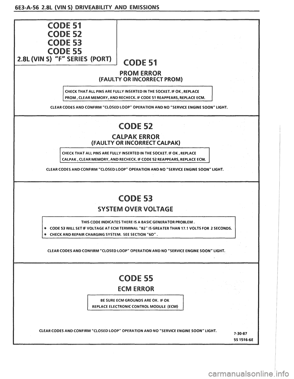PONTIAC FIERO 1988  Service Repair Manual 
6E3-A-56 2.8L (VIN S) DRIVEABILITY AND EMISSIONS 
PROM  ERROR 
(FAULTY  OR INCORRECT  PROM) 
CLEAR CODES  AND CONFIRM  "CLOSED LOOP" OPERATION  AND NO "SERVICE  ENGINE SOON" LIGHT. 
CLEAR  CODES  AND