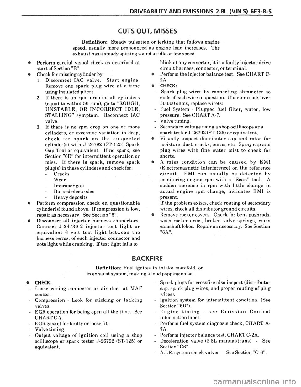 PONTIAC FIERO 1988  Service Repair Manual 
DWI\/EABILITV AND EMISSIONS 2.8L (VIN 5) 6E3-B-5 
CU"T SUP, MISSES 
Definition: Steady pulsation or jerking  that follows  engine 
speed,  usually  more  pronounced as engine  load increases.  The 
e