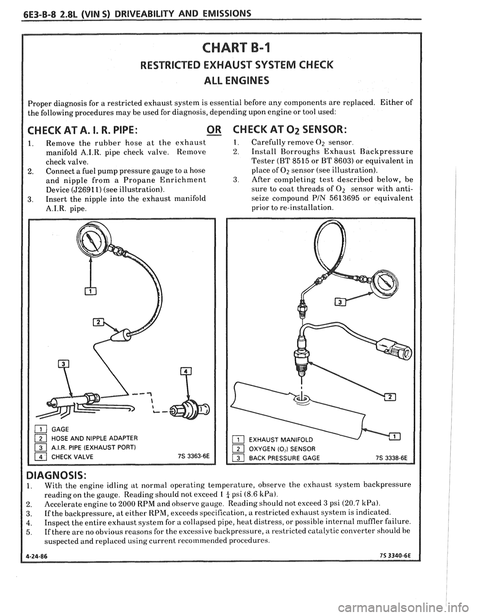 PONTIAC FIERO 1988  Service Repair Manual 
CHART B-l 
RESTRICTED EXHAUST SYSEEM CHECK 
ALL ENGINES 
Proper diagnosis  for a restricted  exhaust system is essential  before any components  are replaced.  Either of 
the  following  procedures  
