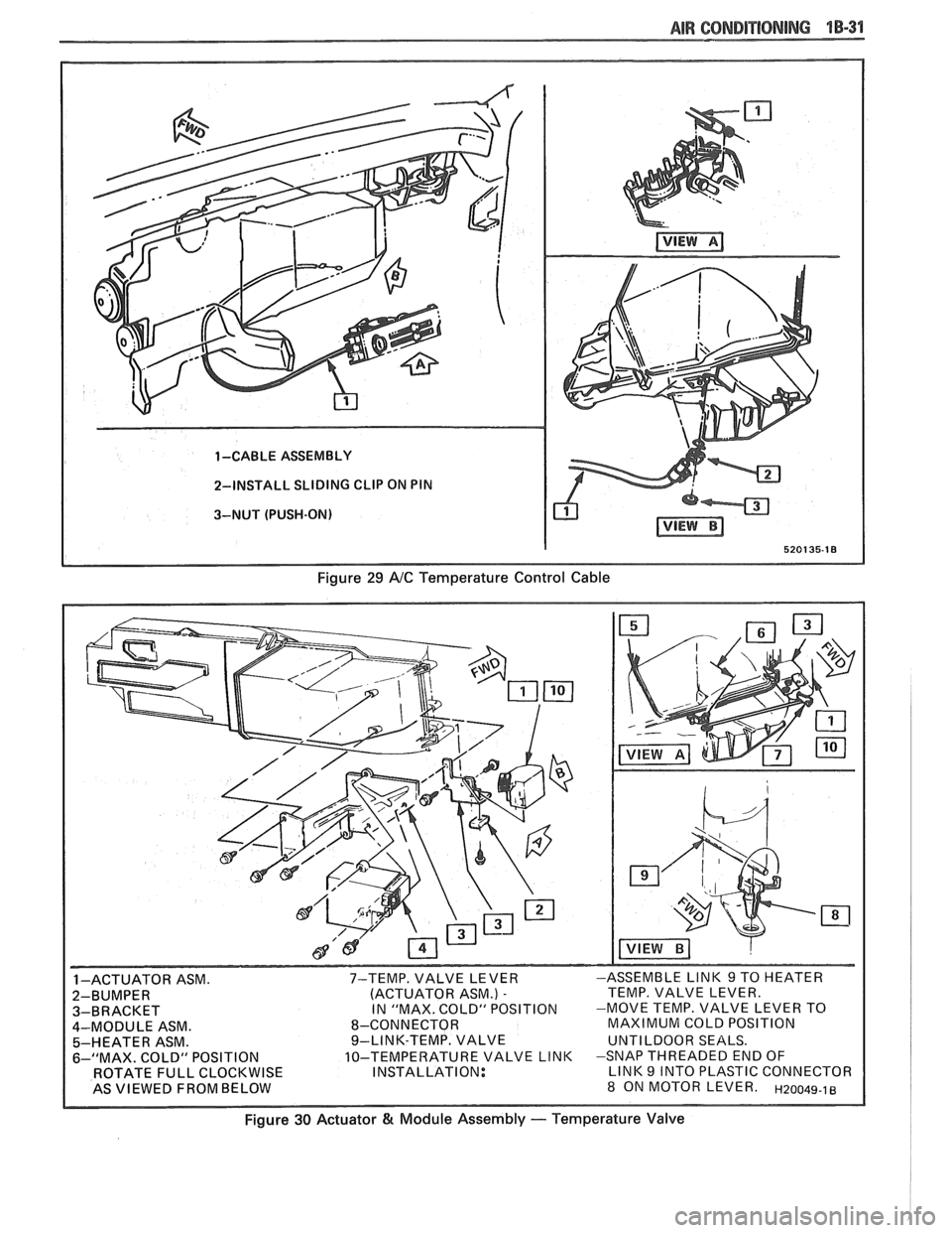 PONTIAC FIERO 1988  Service Repair Manual 
AIR 68RIDIT18NING 1 B-31 
1 -CABLE ASSEMBLY 
2-INSTALL  SLIDING 
CLIP ON PIN 
3-NUT  (PUSH-ON) 
520135-18 
Figure 29 NC Temperature  Control  Cable 
INSTALLATION: 
Figure 30 Actuator & Module Assembl