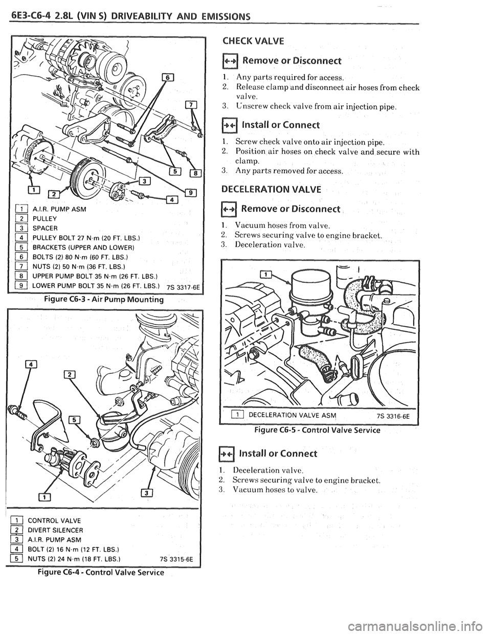 PONTIAC FIERO 1988  Service Repair Manual 
6E3-C6-4 2.8L (WIN S) DRIVEABILITY AND EMlSDlONS 
A.I.R. PUMP ASM 
PULLEY  
SPACER 
PULLEY  BOLT 27 N 
rn (20  FT. LBS.) 
BRACKETS  (UPPER AND LOWER) 
[ BOLTS (2) 80 Nm (60 FT. LBS.) 
NUTS (2) 50 N.r