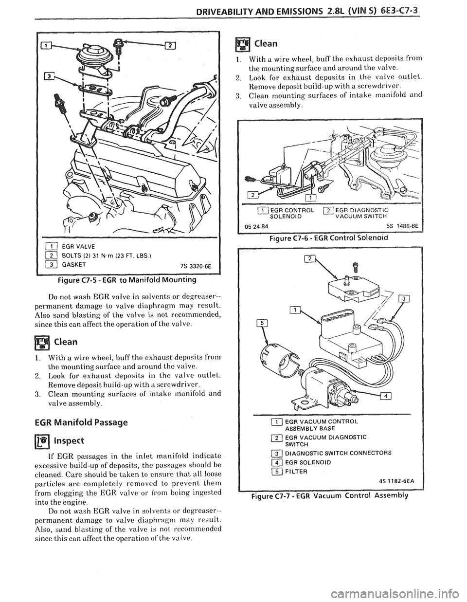 PONTIAC FIERO 1988  Service Repair Manual 
DRIVEABILITY AND EMISSIONS 2.8L (VIM 5) 6E3-C7-3 
- Figure C7-5 - EGR to Manifold  Mounting 
Do not  wash  EGR valve  in solvents  or degreaser-- 
permanent  damage to valve  diaphragm 
may result. 
