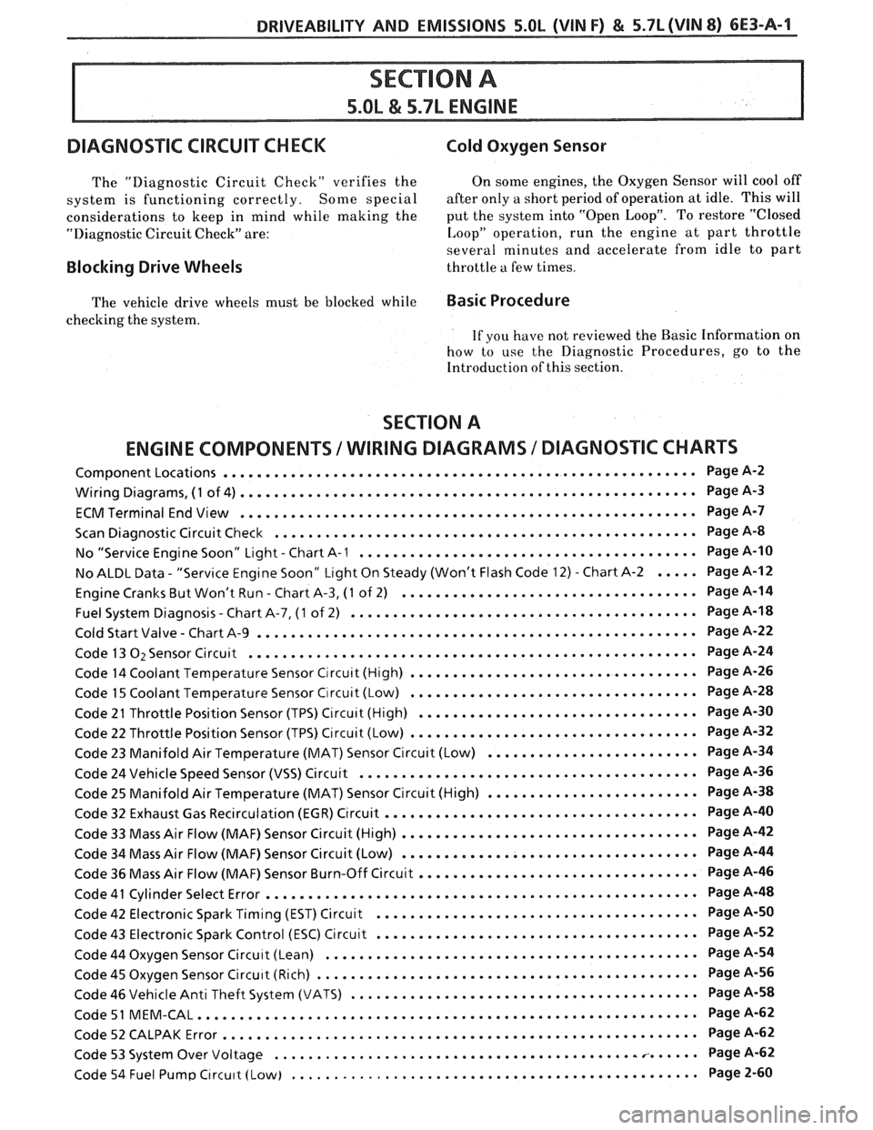 PONTIAC FIERO 1988  Service Repair Manual 
DRIVEABILITY AND EMISSIONS 5.OL (VIM F) & 5.7L(VIN 8) 6E3-A-1 
DIAGNOSIC CIRCUIT  CHECK Cold Oxygen  Sensor 
The "Diagnostic  Circuit Check"  verifies  the  On some  engines.  the Oxygen  Sensor will