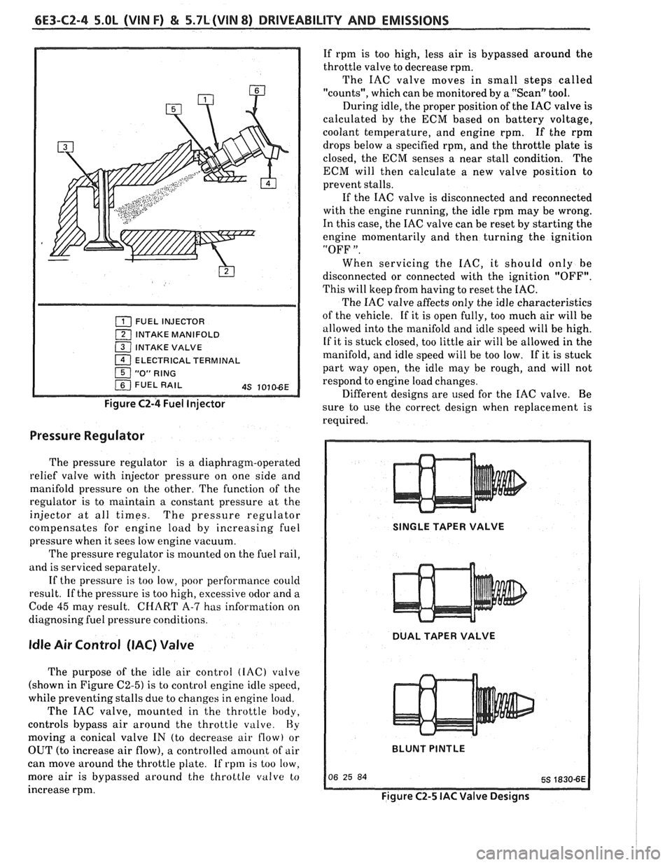 PONTIAC FIERO 1988  Service Repair Manual 
6E3-CZ-4 5.OL (VIN F) & 5.7L(VIN 8) DRIVEABILITY AND EMISSIONS 
FUEL INJECTOR 
1 INTAKE  MANIFOLD 
( INTAKE VALVE 
1 ELECTRICAL  TERMINAL 
Figure C2-4 Fuel Injector 
Pressure Regulator 
The pressure 