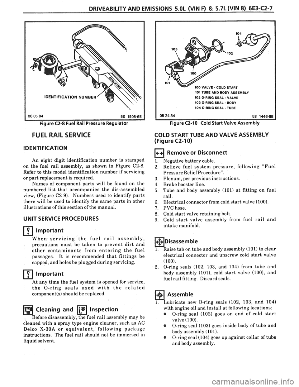 PONTIAC FIERO 1988  Service Repair Manual 
DRIVEABILITY AND EMISSIONS 5.OL (VIN F) & 5.7L (VIN 8) 6E3-C2-7 
Figure C2-8 Fuel  Rail Pressure Regulator 
FUEL RAIL SERVICE 
IDENTIFICATION 
An eight  digit identification  number is stamped 
on  t