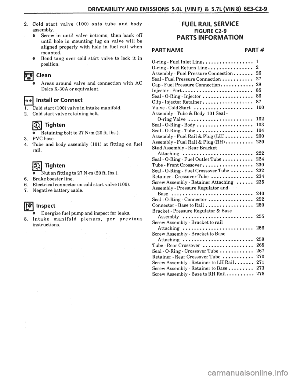 PONTIAC FIERO 1988  Service Repair Manual 
DRIVEABILITY AND EMISSIONS 5.OL (VIN F) & 5.7L (VIN 8) 6E3-CZ-9 
Cold  start  valve  (100) onto  tube  and body 
assembly 
. 
Screw  in until  valve  bottoms.  then back  off 
until  hole in mounting