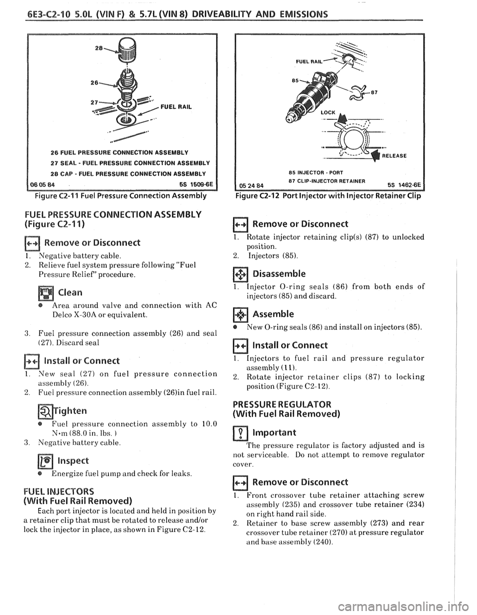 PONTIAC FIERO 1988  Service Repair Manual 
6E3-C2-"l s5.OL (VIN F) & 5.7b (VIN 8) DRIVEABILITY AND EMISSIONS 
FUEL RAIL 
26 FUEL PRESSURE CONNECTION ASSEMBLY 
27 DEAL - FUEL PRESSURE  CONNECTION  ASSEMBLY 
28 CAP -FUEL PRESSURE CONNECTION  AS