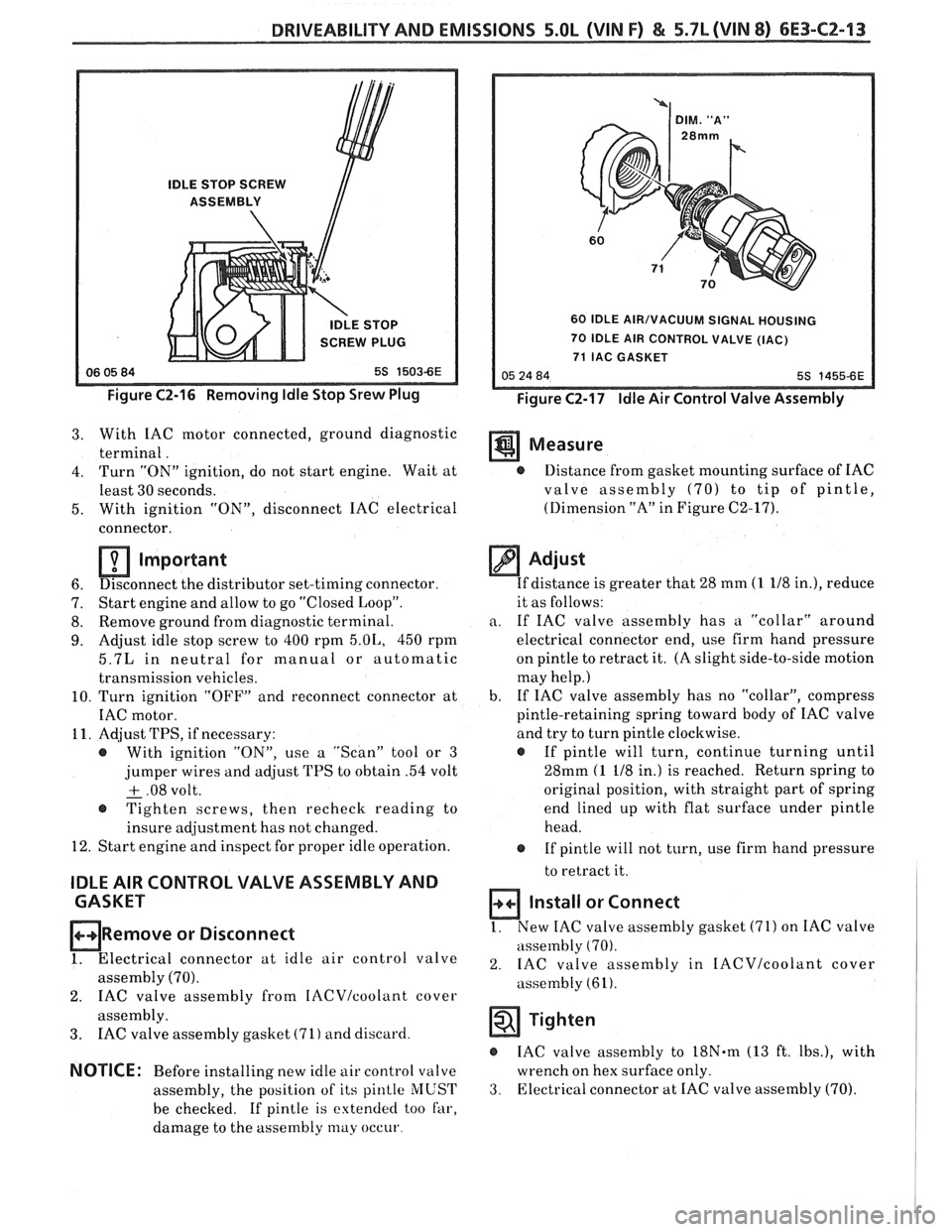 PONTIAC FIERO 1988  Service Repair Manual 
DRIVEABILITY AND EMISSIONS 5.OL (VIN F) & 5.7b (VIN 8) 6E3-CZ-13 
IDLE  STOP SCREW 
ASSEMBLY 
 
IDLE  STOP 
SCREW  PLUG 
Figure C2-16 Removing Idle Stop Srew Plug 
60 IDLE AIR/VACUUM SIGNAL  HOUSING 
