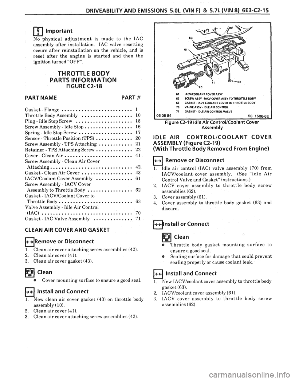 PONTIAC FIERO 1988  Service Repair Manual 
DRIVEABILITY AND EMISSIONS 5.OL (WIN F) & 5.7L (WIN 8) 6E3-C2-15 
Important 
No physical  adjustment  is made  to the  IAC 
assembly after  installation.  IAC 
valve  resetting 
occurs  after  reinst