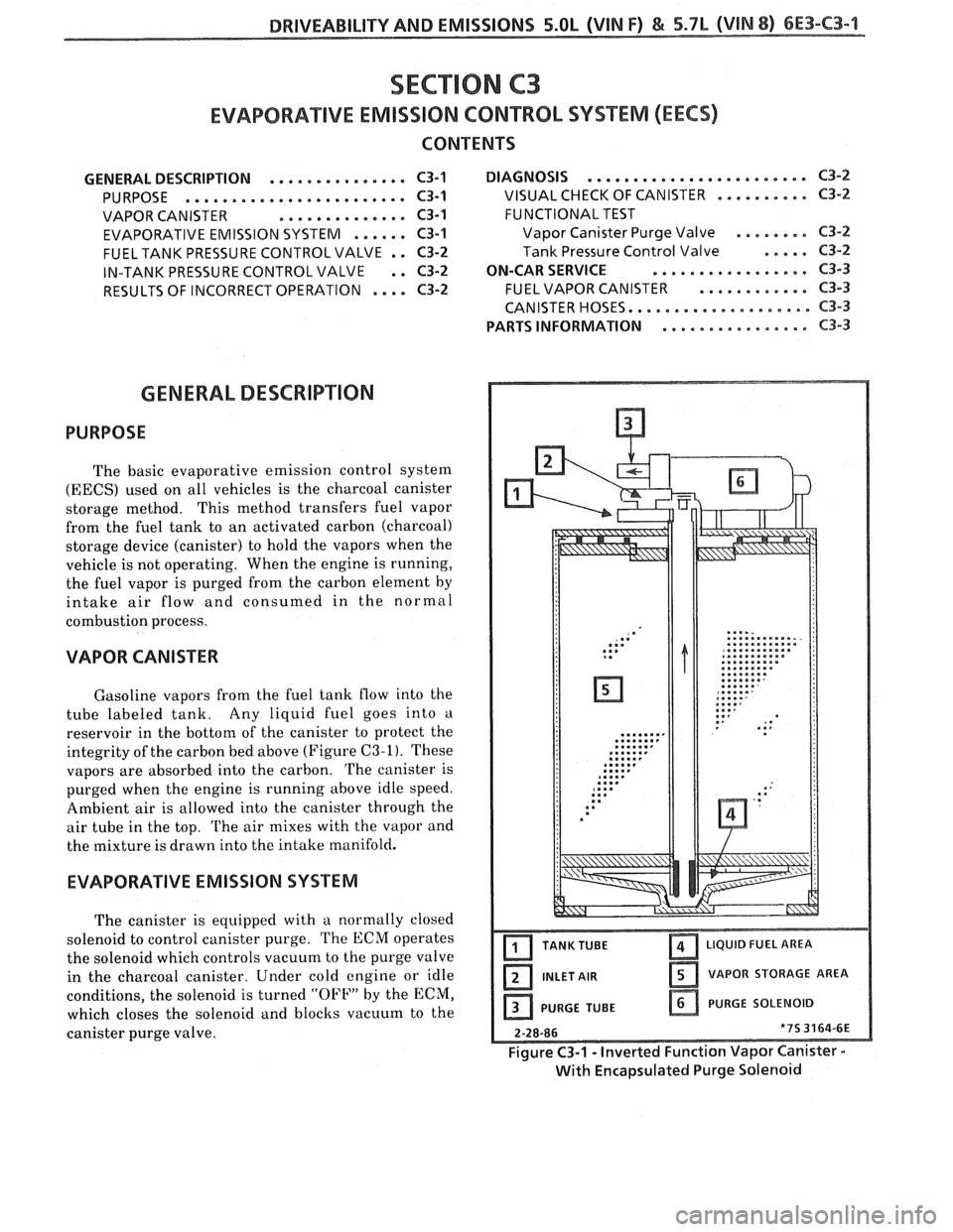 PONTIAC FIERO 1988  Service Repair Manual 
DRIVEABILITYAND EMISSIONS 5.OL (VIN F) & 5.7L (V1N 8) 6E3-C3-9 
SECTION C3 
EVAPORATIVE EMlSSlON CONTROL SYSTEM (EECS) 
CONTENTS 
...................... ............... GENERAL DESCRIPTION  C3-1  DIA