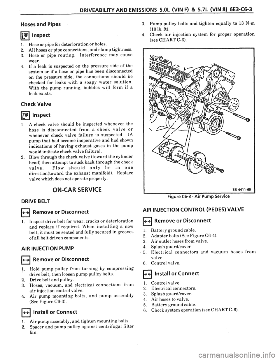 PONTIAC FIERO 1988  Service Repair Manual 
DRlVEABlLlfVAND EMISSIONS 5.OL (VIN F) & 5.7L (VIN 8) 6E3-C6-3 
Hoses and Pipes 
1. Hose  or pipe for  deterioration  or holes. 
2. All hoses  or pipe  connections,  and clamp tightness. 
3. Hose  or