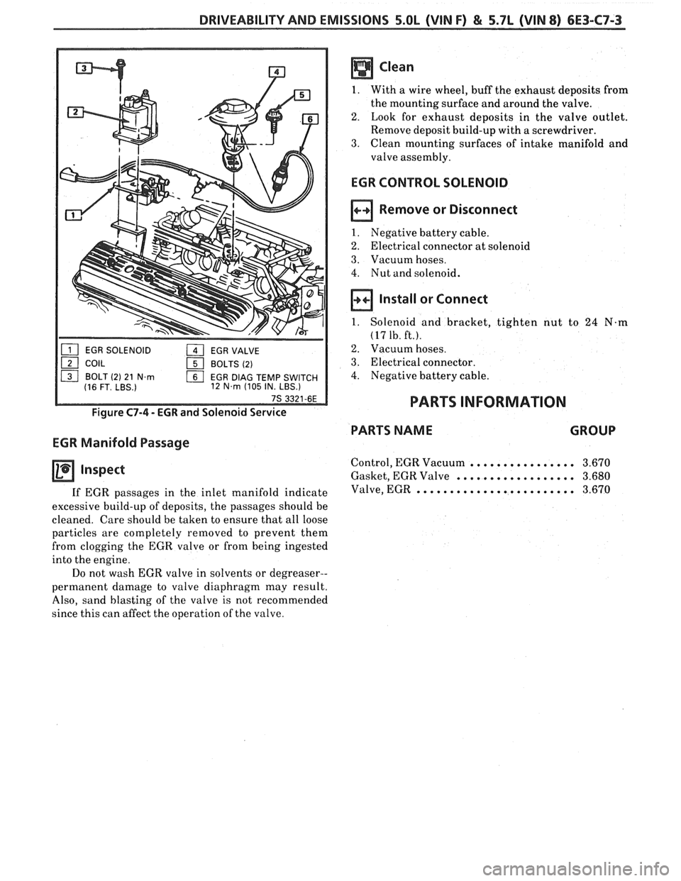 PONTIAC FIERO 1988 Service Repair Manual
DRIVEABILITY AND EMISSIONS 5.OL (VIN F) & 5.7L (VIN 8) 6E3-C7-3
1. With a wire wheel, buff the exhaust deposits from
the mounting surface and around the valve.
2. Look for exhaust deposi PONTIAC FIERO 1988 Service Repair Manual
DRIVEABILITY AND EMISSIONS 5.OL (VIN F) & 5.7L (VIN 8) 6E3-C7-3
1. With a wire wheel, buff the exhaust deposits from
the mounting surface and around the valve.
2. Look for exhaust deposi