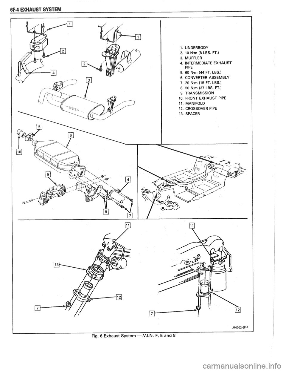 PONTIAC FIERO 1988  Service Repair Manual 
1. UNDERBODY 
2.  10 
N.rn (8 LBS. FT.) 
3. MUFFLER 
4. INTERMEDIATE  EXHAUST 
5. 60 Nern (44 FT. LBS.) 
6.  CONVERTER ASSEMBLY 
7.  20 
N-rn (15  FT. LBS.) 
8. 50 N-rn (37 LBS. FT.) 
9. TRANSMISSION