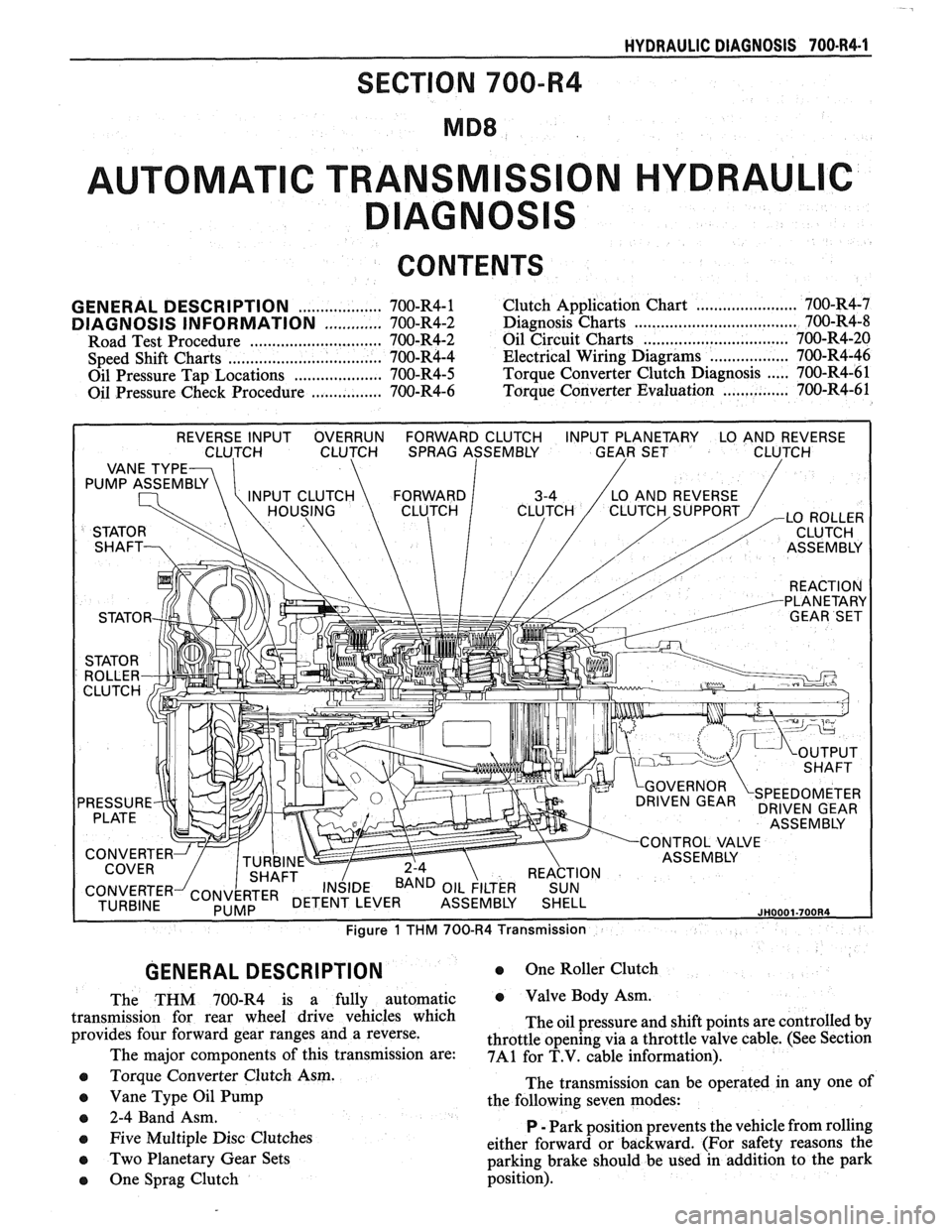 PONTIAC FIERO 1988  Service Repair Manual 
HYDRAULIC DIAGNOSIS 700.R4-1 
SECTION 700-R4 
AUTOMAT C TRANSM 
CONTENTS 
GENERAL DESCRIPTION 
The THM  700-R4  is a fully  automatic 
transmission  for  rear wheel  drive vehicles  which 
provides  