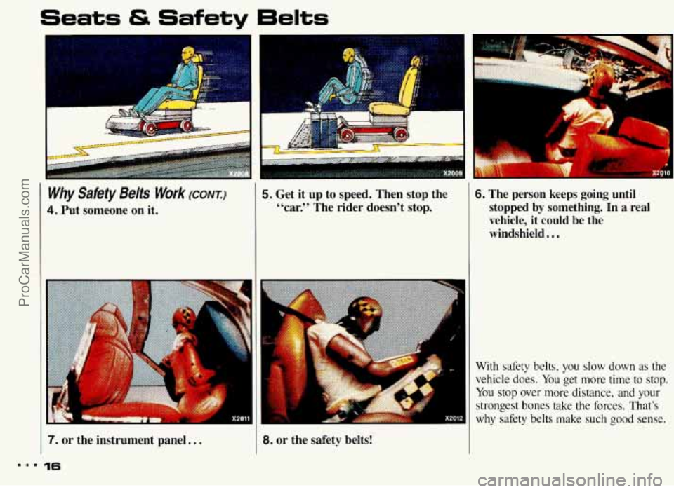 PONTIAC BONNEVILLE 1993  Owners Manual ... 
Seats & Safety Belts 
Why Safety Belts Work (CONI) 
4. Put  someone on it. 
7. or the  instrument  panel.. . 
16 
5. Get  it  up  to  speed.  Then  stop  the 
“car.” The  rider  doesn’t  st