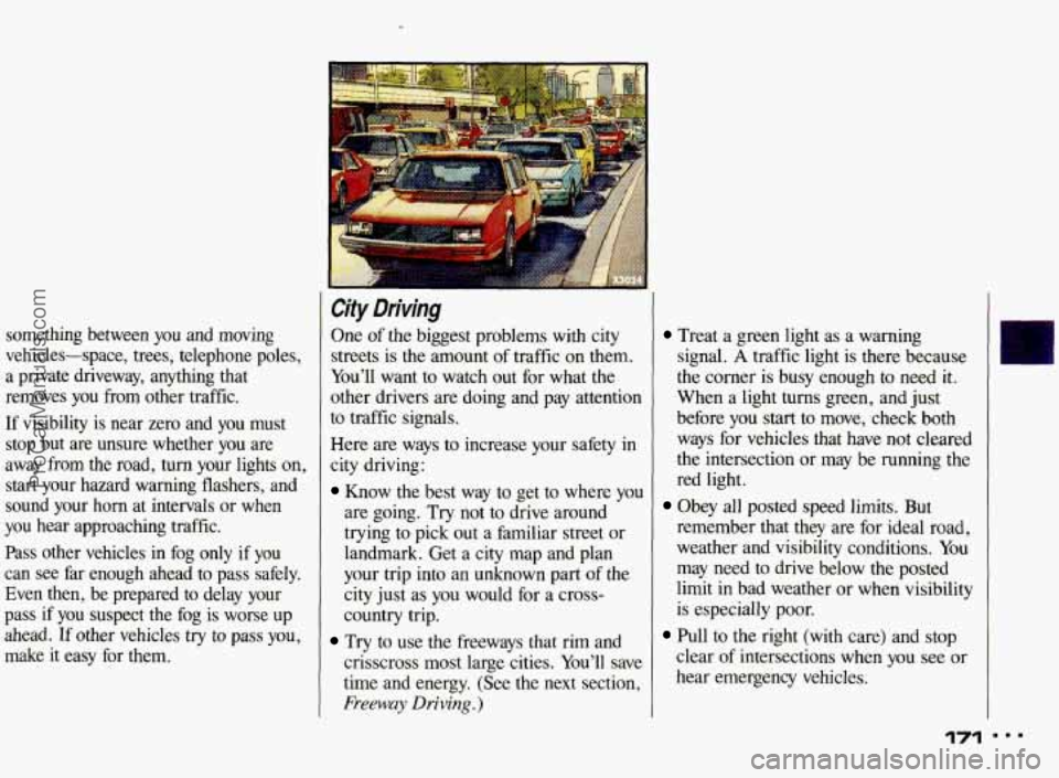 PONTIAC BONNEVILLE 1993 Owners Manual something between you and moving
vehicles-space, trees, telephone poles,
a private driveway, anything that
removes
you from other traffic.
If visibility is near zero and you must PONTIAC BONNEVILLE 1993 Owners Manual something between you and moving
vehicles-space, trees, telephone poles,
a private driveway, anything that
removes
you from other traffic.
If visibility is near zero and you must