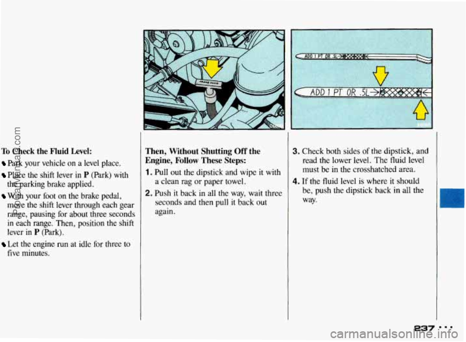 PONTIAC BONNEVILLE 1993  Owners Manual To Check  the  Fluid  Level: 
Park  your  vehicle on a level  place. 
Place  the shift  lever  in P (Park)  with 
With  your  foot  on  the  brake  pedal, 
the  parking  brake  applied. 
move 
the  sh