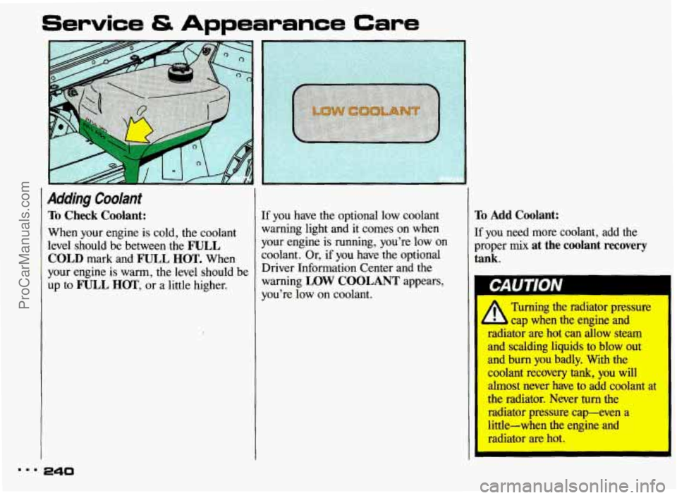 PONTIAC BONNEVILLE 1993  Owners Manual Service & Appearance Care 
A’ 
Adding  Coolant 
To Check Coolant: 
When  your  engine  is  cold, the  coolant 
level  should  be  between  the 
FULL 
COLD mark  and FULL HOT. When 
your  engine  is 