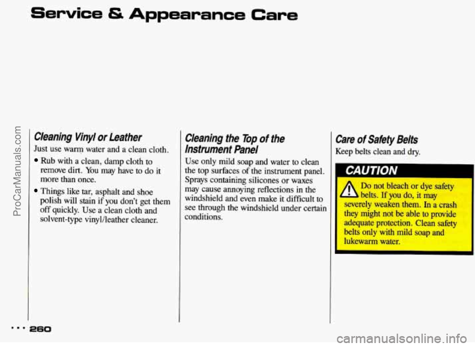 PONTIAC BONNEVILLE 1993  Owners Manual Service & Appearance Care 
Cleaning  Vinyl  or  Leafher 
Just use  warm  water  and  a  clean cloth. 
Rub with  a clean, damp cloth to 
remove  dirt. You may  have  to do  it 
more  than  once. 
polis