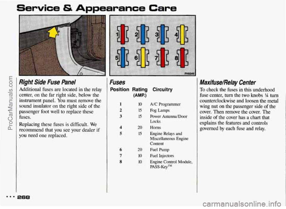 PONTIAC BONNEVILLE 1993  Owners Manual Service & A .ante Care 
Righf Side  Fuse  Panel Fuses 
Additional fuses are located  in  the relay 
(AMP.) center, on the  far  right  side, below  the 
Position  Rating Circuitry 
instrument  panel. 