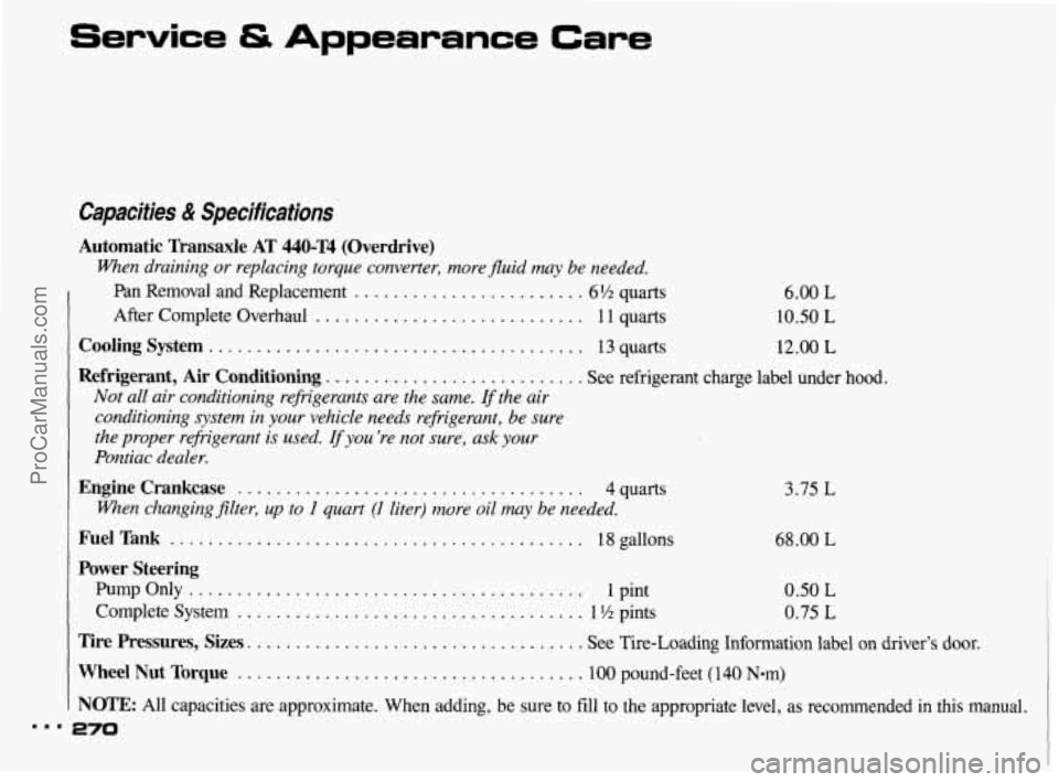 PONTIAC BONNEVILLE 1993 Owners Manual Service & Appearance Care
Capacities & Specifications
Automatic Transaxle AT 440-T4 (Overdrive)
When draining or replacing torque converter, more fluid may be needed.
Pan Removal and Rep PONTIAC BONNEVILLE 1993 Owners Manual Service & Appearance Care
Capacities & Specifications
Automatic Transaxle AT 440-T4 (Overdrive)
When draining or replacing torque converter, more fluid may be needed.
Pan Removal and Rep