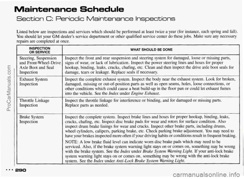 PONTIAC BONNEVILLE 1993 Owners Manual Maintenance Schedule
Section C: Periodic Maintenance Inspections
Listed below are inspections and services which should be performed at least twice a year (for instance\
, each spri PONTIAC BONNEVILLE 1993 Owners Manual Maintenance Schedule
Section C: Periodic Maintenance Inspections
Listed below are inspections and services which should be performed at least twice a year (for instance\
, each spri