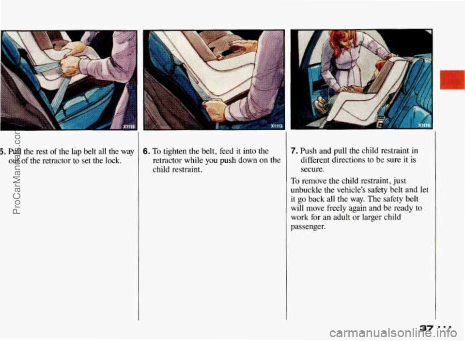 PONTIAC BONNEVILLE 1993  Owners Manual 5. Pull  the  rest of the  lap  belt  all  the  way 
out  of 
the retractor  to  set  the  lock. 
6. To tighten  the belt,  feed it into  the 
retractor  while you push  down on the 
child  restraint.