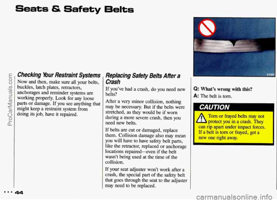PONTIAC BONNEVILLE 1993 Owners Manual Seats & Safety 6elts
Checking Your Restraint Systems
Now and then, make sure all your belts,
buckles, latch plates, retractors,
anchorages and reminder systems are
working properly. L PONTIAC BONNEVILLE 1993 Owners Manual Seats & Safety 6elts
Checking Your Restraint Systems
Now and then, make sure all your belts,
buckles, latch plates, retractors,
anchorages and reminder systems are
working properly. L
