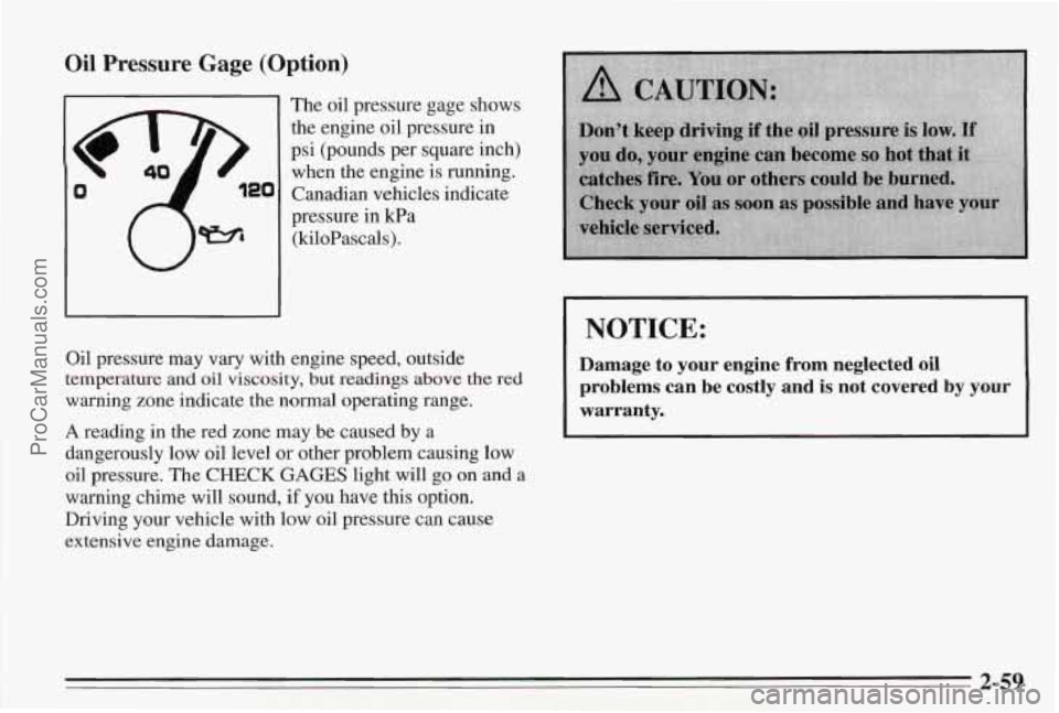 PONTIAC BONNEVILLE 1995  Owners Manual Oil Pressure  Gage (Option) 
The oil pressure gage shows 
the  engine 
oil pressure  in 
psi  (pounds  per square inch) 
when the engine  is running. 
Canadian vehicles indicate 
pressure  in Ea 
(kil
