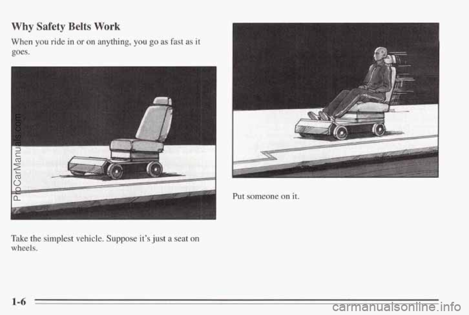 PONTIAC BONNEVILLE 1995  Owners Manual Why Safety Belts Work 
When you ride in or on anything, you go as fast as it 
goes. 
c I 
Take  the  simplest  vehicle. Suppose it’s just  a seat on 
wheels. 
Put someone on it. 
1-6 
ProCarManuals.