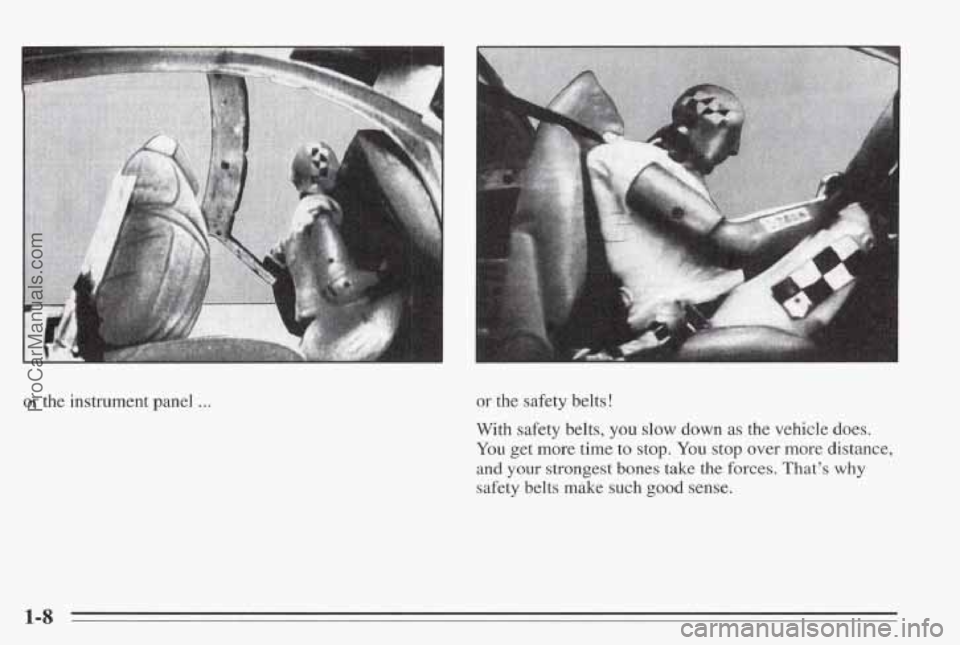 PONTIAC BONNEVILLE 1995  Owners Manual or the  instrument  panel .-. or the  safety  belts ! 
With  safety  belts,  you slow down as the vehicle  does. 
You get more time to  stop. You stop over more distance, 
and your strongest  bones  t