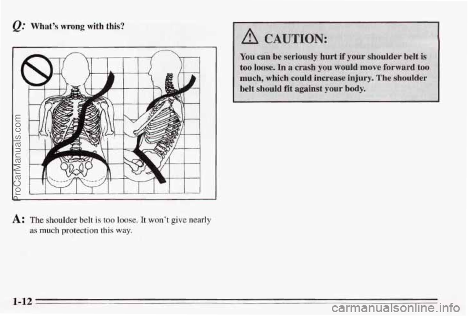 PONTIAC BONNEVILLE 1995  Owners Manual @ What’s wrong with this? 
A: The shoulder belt is too loose. It won’t  give nearly 
as much protection this way. 
1-12 
ProCarManuals.com 