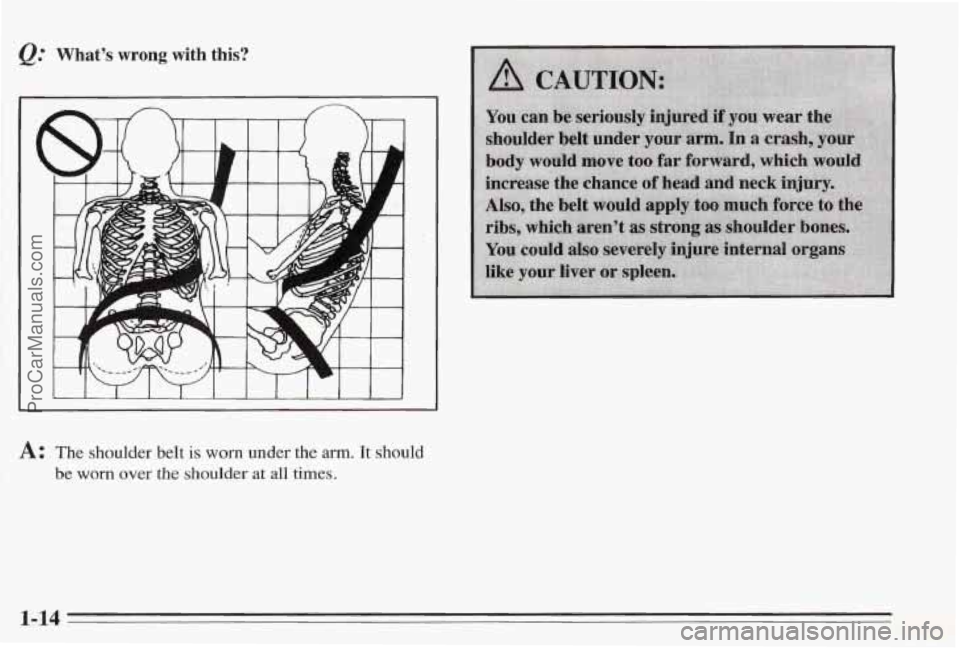 PONTIAC BONNEVILLE 1995  Owners Manual Whats wrong with  this? 
1 
A: The shoulder belt is worn under the arm. It should 
j be worn over the shoulder at all times. 
1-14 
ProCarManuals.com 