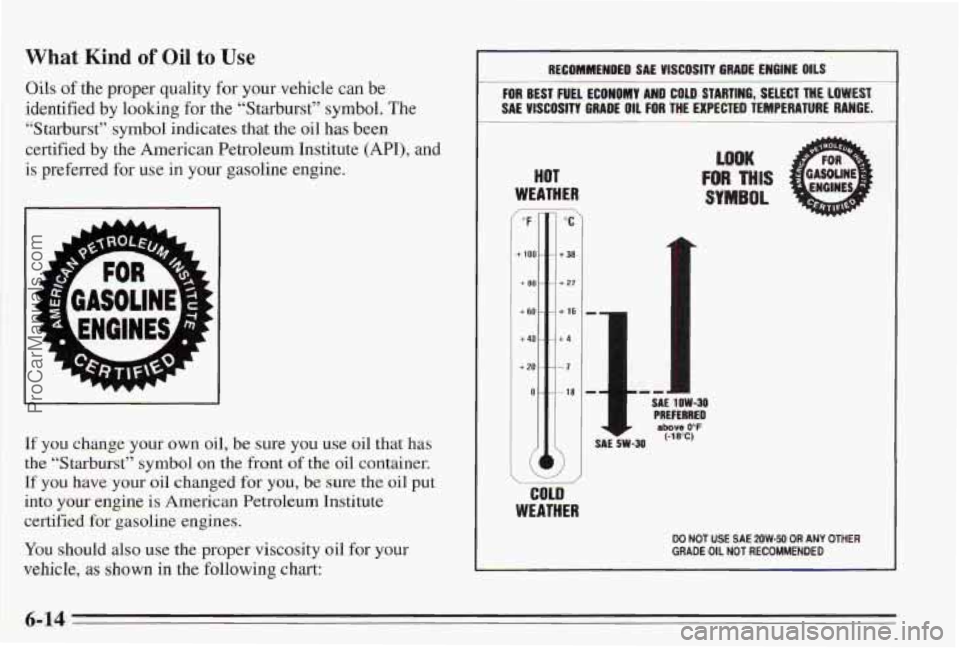 PONTIAC BONNEVILLE 1995  Owners Manual What Kind of Oil to Use 
Oils of the  proper  quality for your vehicle  can  be 
identified  by  looking for the  “Starburst”  symbol.  The 
“Starburst”  symbol indicates  that 
the oil  has  