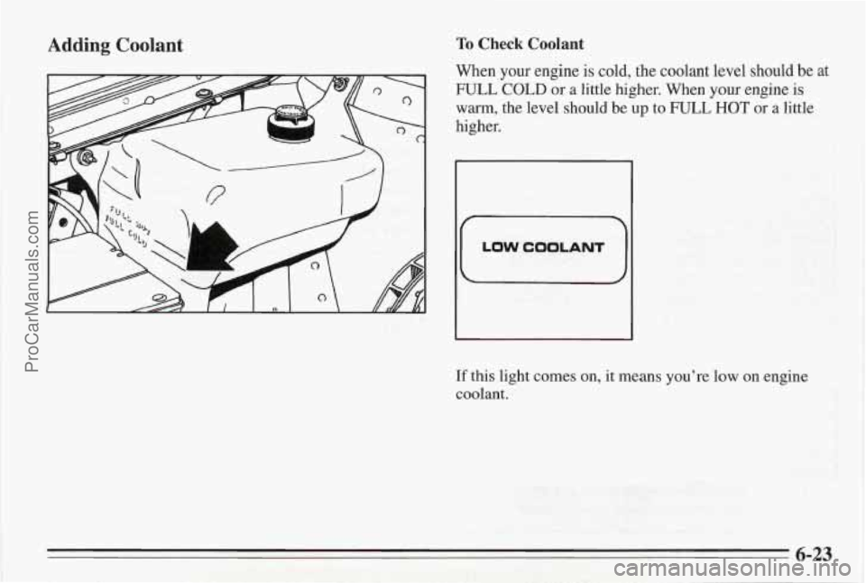 PONTIAC BONNEVILLE 1995  Owners Manual Adding Coolant To Check Coolant 
When  your engine is cold, the coolant level  should be at 
FULL COLD or a little higher.  When your engine is 
warm, the level should  be up to FULL HOT or  a  little