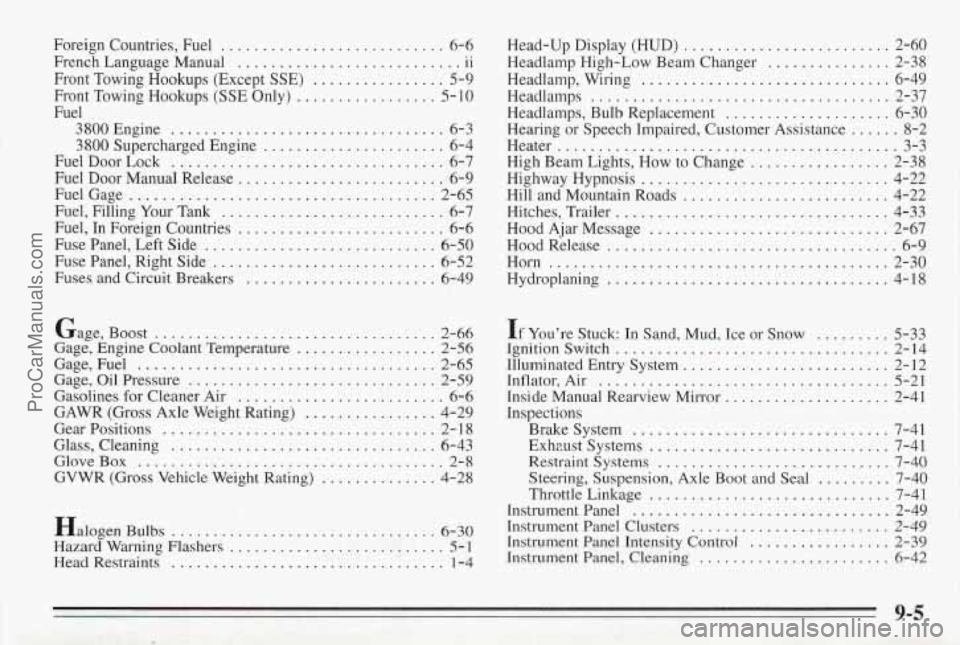 PONTIAC BONNEVILLE 1995  Owners Manual Foreign Countries. Fuel .......... . . 6-6 
French Language Manual 
11 
Front  Towing  Hookups  (Except SSE) ................ 5-9 
Front  Towing  Hookups 
(SSE Only) ................. 5- 10 
Fuel  380