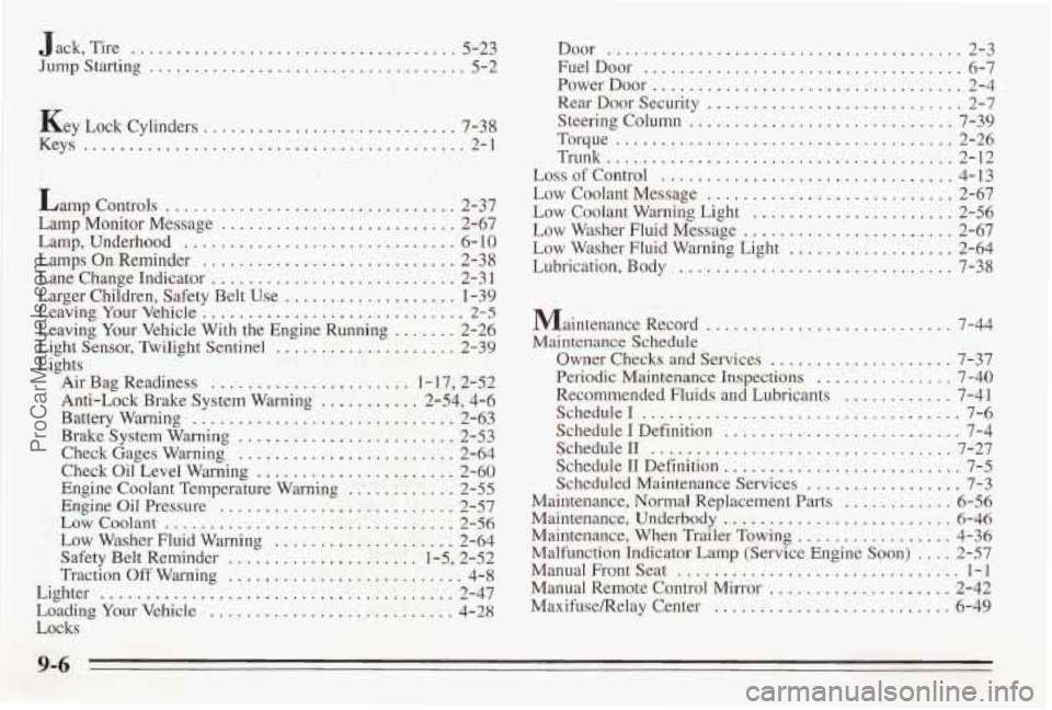 PONTIAC BONNEVILLE 1995  Owners Manual Jack. Tire .................................. 5-23 
Jump Starting ................................... 5-2 
Key Lock Cylinders ............................ 7-38 
Keys 
.................................