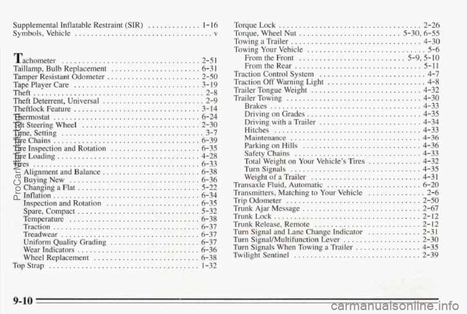 PONTIAC BONNEVILLE 1995  Owners Manual Supplemental Inflatable Restraint  (SIR) ............. 1 . 16 
Symbols. Vehicle .................................. v 
Tachometer .................................. 2-5 I 
Taillamp. Bulb Replacement ..