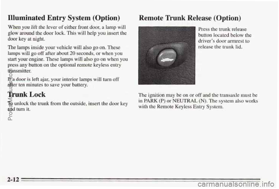 PONTIAC BONNEVILLE 1995  Owners Manual Illuminated  Entry  System  (Option) 
When you lift the lever  of either front door,  a lamp will 
glow  around  the  door  lock.  This  will help you insert  the 
door  key  at  night. 
The  lamps  i